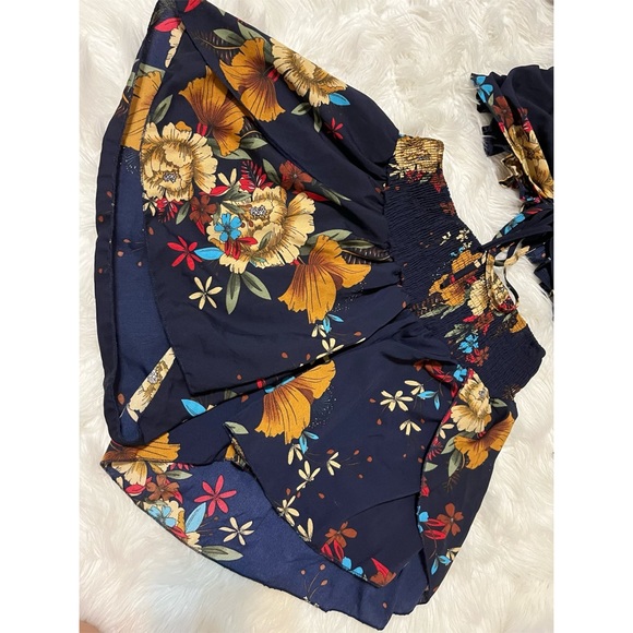 Women's 2Piece Outfit Off Shoulder Floral Smocked Drawstring&Crop Top&Shorts Set - Picture 7 of 8